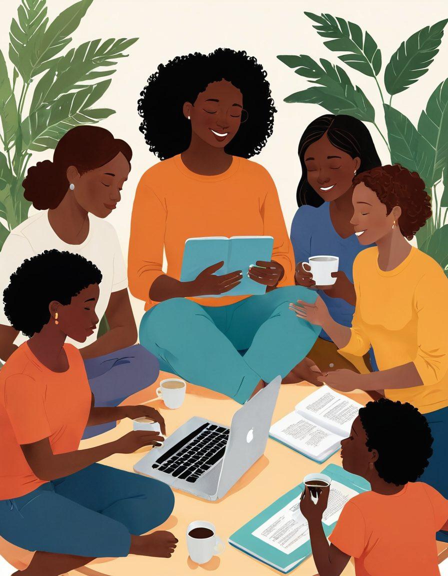A warm and inviting digital illustration of diverse mothers engaged in a supportive circle, sharing advice and resources. Include elements like laptops, books, and coffee cups to symbolize modern parenting. Add colors that evoke warmth and connection, with subtle hints of nature in the background to represent nurturing. super-realistic. vibrant colors. soft focus.