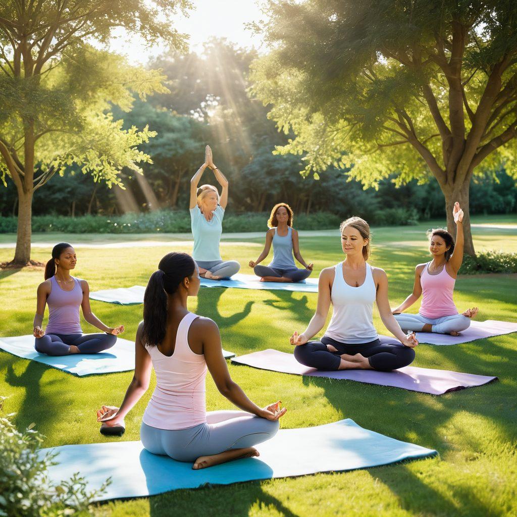 A serene scene depicting a diverse group of mothers engaging in wellness activities, such as yoga in a sunlit park, cooking healthy meals together, and practicing mindfulness. The background features gentle nature elements to symbolize balance and harmony. Soft pastel colors create a calming atmosphere that conveys resilience and positivity. super-realistic. vibrant colors. warm tones.