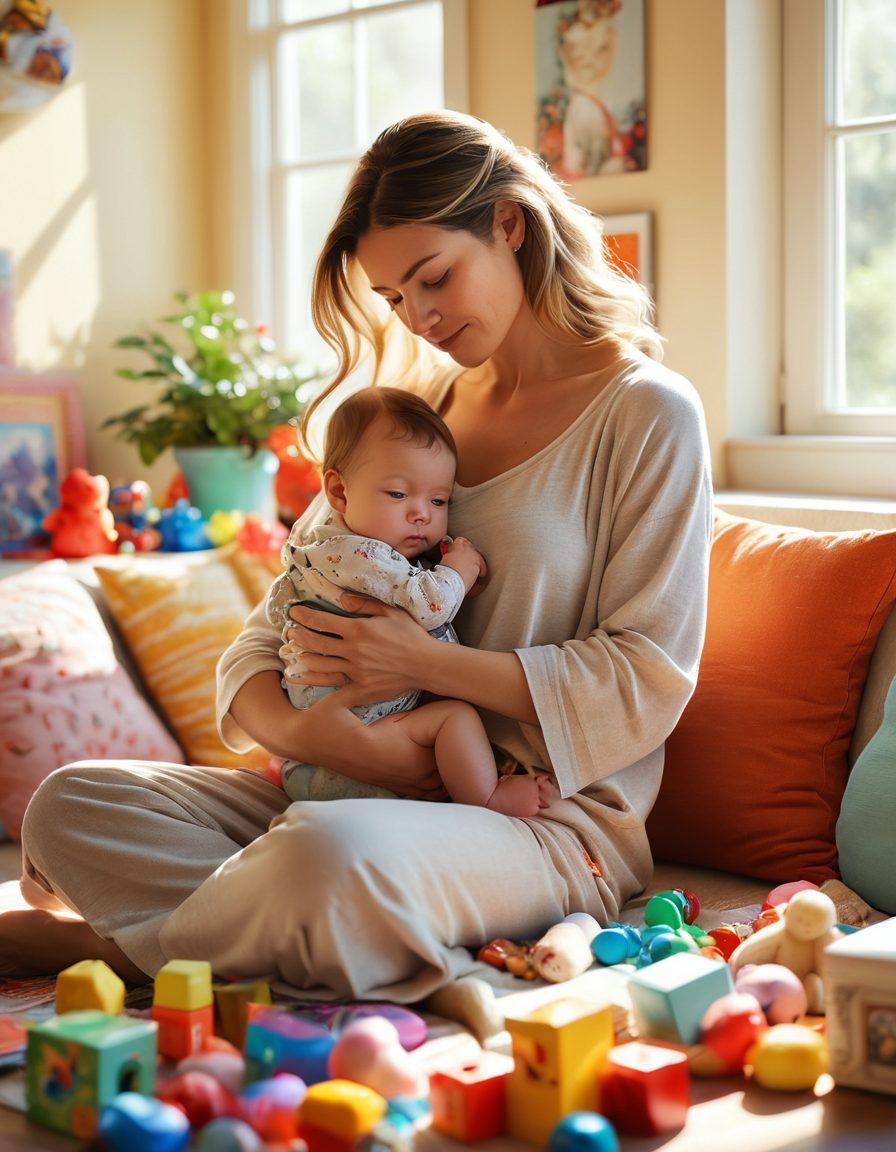 A serene mother gently cradling her infant in a sunlit room filled with colorful toys and a cozy atmosphere. Surround her with visual elements symbolizing support, such as a coffee cup, a phone with supportive messages, and a book on parenting. Emphasize a sense of warmth, love, and community. soft colors. super-realistic.